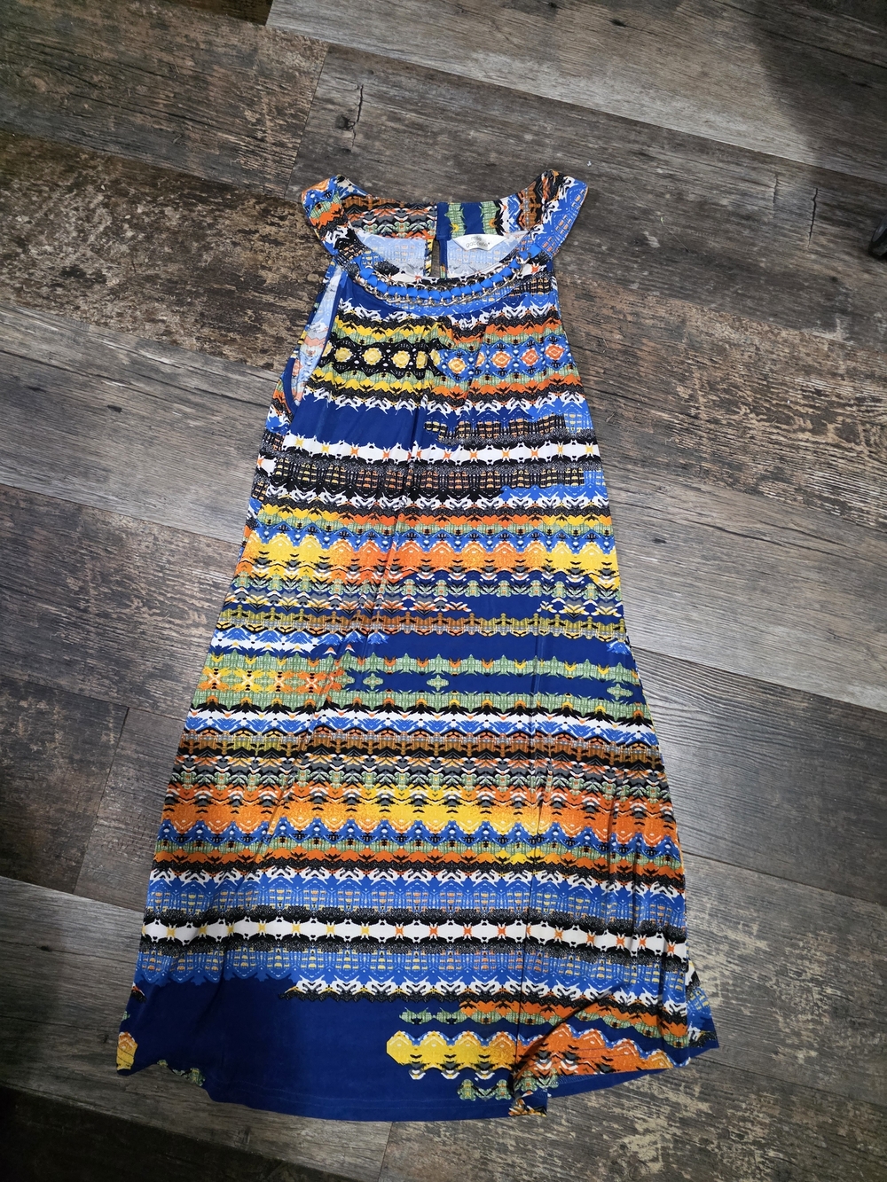 Mlle Gabrielle Blue, Green & Orange Tribal Print Dress